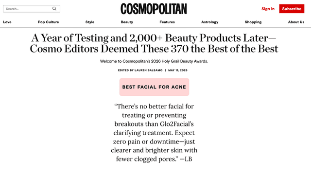 Holy Grail Award Glo₂Facial is Cosmo's Best Facial for Acne 