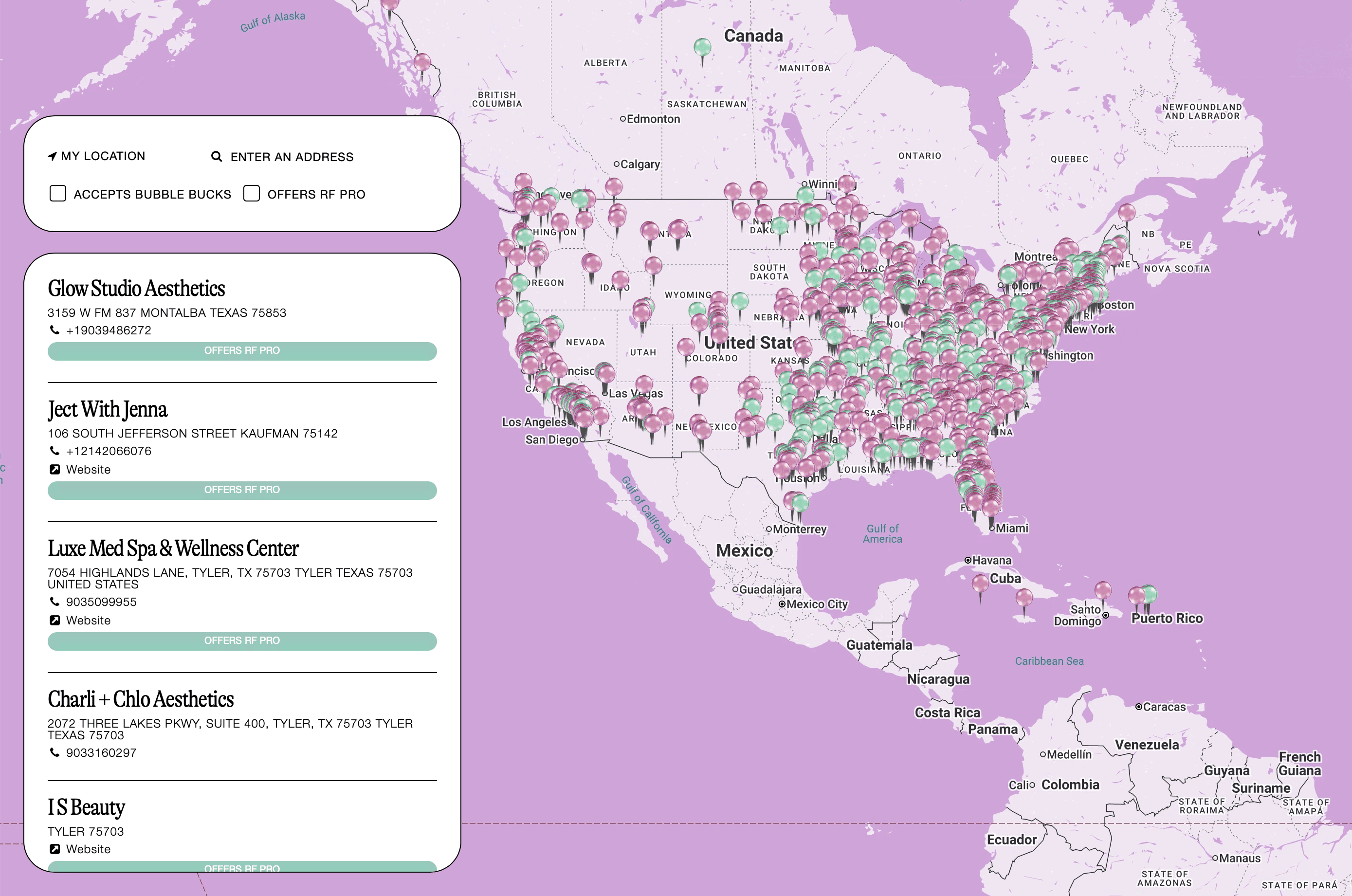 Glo2Facial provider locator map showing trained providers across North America